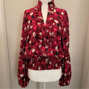 CAbi Floral Burgundy Pink V Ruffle Neck Smock Waisted Long Sleeve Blouse Size S